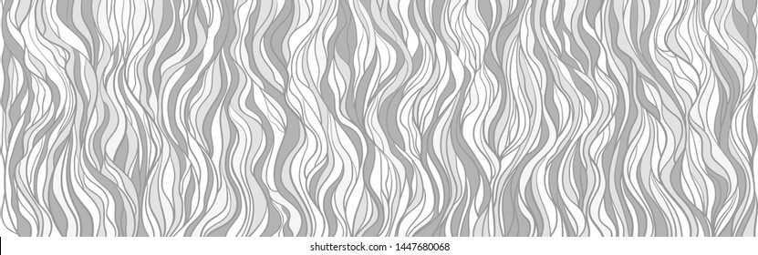 Seamless wallpaper on horizontally surface. Wavy background. Hand drawn waves. Striped texture with many lines. Waved pattern. Black and white illustration