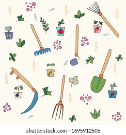 seamless wallpaper on the theme of gardening, a set of garden tools, seedlings of fruits and vegetables and cute elements
