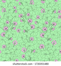 Seamless wallpaper on the wall of grassy vegetation, floral pattern of buttercup flowers and graceful leaves, beautiful freehand drawing for natural decoration or printing on fabric
