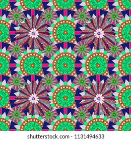 Seamless wallpaper of orange, yellow and red artistic flowers.