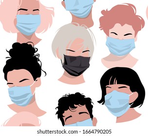 Seamless wallpaper pattern. Abstract faces of Mannequin people with hairstyle in a protective medical mask. Different Characters. Textile composition, hand drawn style print. Vector illustration.