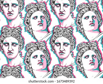 Seamless wallpaper pattern. Apollo Plaster head statue with a geometry form. Minimalistic collage. Cyberpunk glitch art. Textile composition, t-shirt design, hand drawn style. Vector illustration.