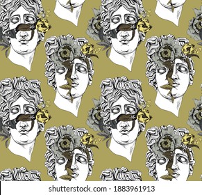 Seamless wallpaper pattern. Apollo Plaster head statue with a flowers, buds and leaves. Textile composition, t-shirt design, hand drawn style print. Vector illustration.