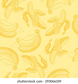 Nahtlose Tapete Muster mit Gravuren von Bananen. Obst- und Lebensmittelthemen. Gut für Tapeten, Textilien, Hintergrund, Design der Hochzeitseinladung, Poster, Buchcover, Postkarten. 