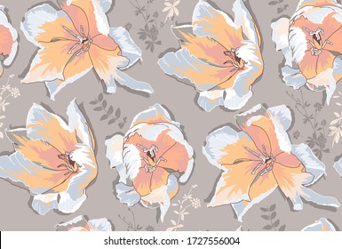 Seamless wallpaper pattern. Blooming coral tulip flowers on a light gray background. Textile composition, hand drawn style print. Vector illustration.