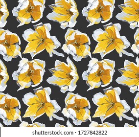 Seamless wallpaper pattern. Blooming yellow tulip flowers on a dark gray background. Textile composition, hand drawn style print. Vector illustration.