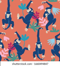 Seamless wallpaper pattern. Blue Funny Cartoon Monkey Characters on a orange background. Textile composition, hand drawn style print. Vector illustration.