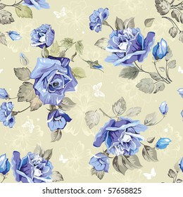 Seamless wallpaper pattern with of blue roses and butterfly, vector illustration