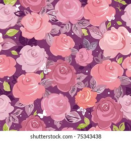 Seamless wallpaper pattern with of bouquet roses on background with butterfly, vector illustration