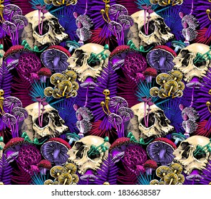 Seamless wallpaper pattern  Bright Magic Psychedelic Mushrooms   skulls  Humor textile composition  hand drawn style print  Vector illustration 