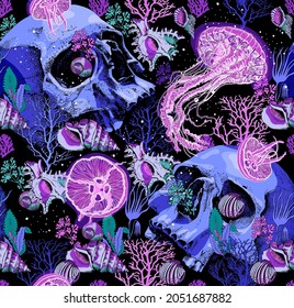 Seamless wallpaper pattern. Bright Psychedelic skulls. Underwater world. Jellyfishes, Corals and shells. Textile composition, hand drawn style print. Vector illustration.