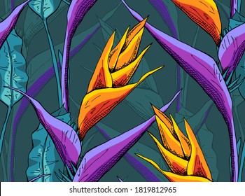 Seamless wallpaper pattern. Bright Strelitzia flowers and leaves. Textile composition, hand drawn style print. Vector illustration.