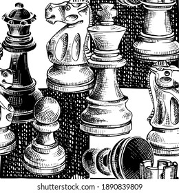 Seamless wallpaper pattern. Chess figures on a checkered background. Textile composition, hand drawn style print. Vector black and white illustration. 