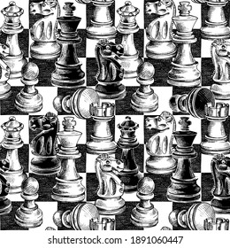 Seamless wallpaper pattern. Chess figures on a checkered background. Textile composition, hand drawn style print. Vector black and white illustration. 