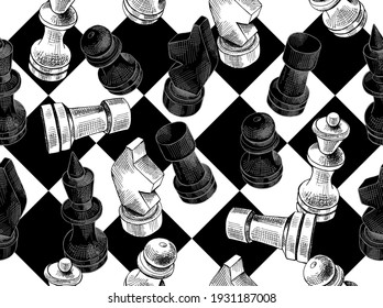 Seamless wallpaper pattern. Chess figures on a chessboard. Textile composition, hand drawn style print. Vector black and white illustration. 