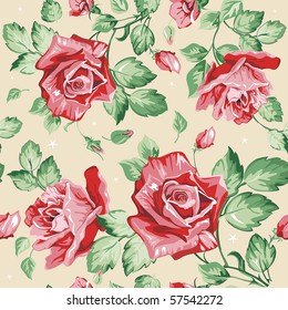 Seamless wallpaper pattern with of collection red roses on light design background, vector illustration