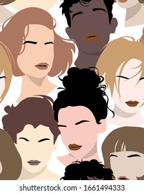 Seamless wallpaper pattern. Colored abstract faces of people with hairstyle, lips, eyebrows. Different Characters. Textile composition, hand drawn style print. Vector illustration.