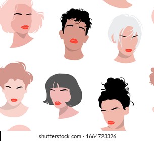 Seamless wallpaper pattern. Colored abstract faces of Mannequin people with hairstyle, lips, eyebrows. Different Characters. Textile composition, hand drawn style print. Vector illustration.