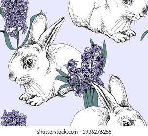 Seamless wallpaper pattern. Cute Bunny with the Hyacinth flowers. Easter textile composition, hand drawn style print. Vector illustration.