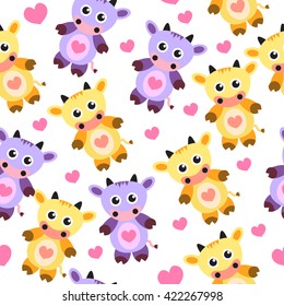 seamless wallpaper pattern cute cow, soft toy,
vector illustration, children's wallpaper, children's batskground, repetitive