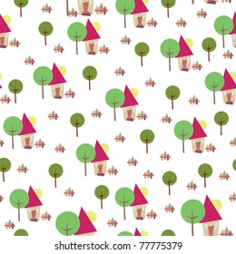 Seamless wallpaper pattern. Cute house with tree