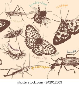 Seamless wallpaper pattern with detailed insects