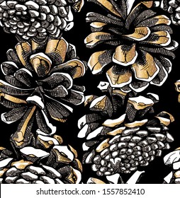 Seamless wallpaper pattern. Different gold woody Conifer cones on a black background. Textile composition, hand drawn style print. Vector illustration.