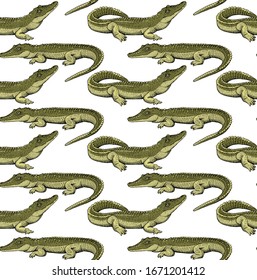 Seamless wallpaper pattern. Different green crocodiles. Textile composition, hand drawn style print. Vector illustration.