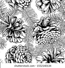 Seamless wallpaper pattern. Different woody cones with Conifer branches. Textile composition, hand drawn style print. Vector black and white illustration.