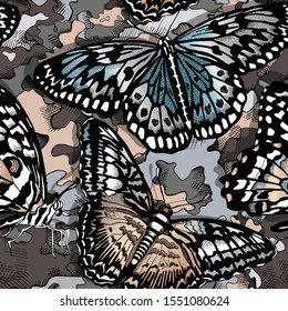 Seamless wallpaper pattern. Exotic Gold, silver and blue shine Butterflies on a plane tree texture background. Textile composition, hand drawn style print. Vector illustration.