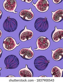 Seamless wallpaper pattern. Fig fruits, whole and half on a violet background. Textile composition, hand drawn style print. Vector illustration.