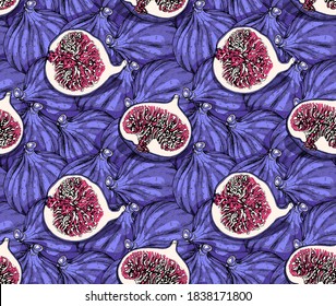 Seamless wallpaper pattern. Fig fruits, whole and half. Textile composition, hand drawn style print. Vector illustration.
