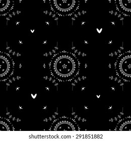 Seamless wallpaper pattern with flowers. Hand drawn flower pattern. Vector pattern with flowers and plants. Vector floral background. Seamless pattern on chalk board