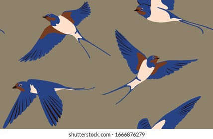 Patrón de papel pintado sin problemas. Aves Tragadas Voladoras. Diferentes poses. Composición textil, impresión a mano. Ilustración vectorial.