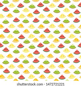 Seamless wallpaper pattern with fruit slices of kiwi, watermelon, orange and lemon. Healthy food background vector illustration.