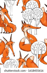 Seamless wallpaper pattern. Funny Cartoon Fox Characters in a forest. Textile composition, hand drawn style print. Vector illustration.
