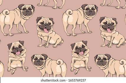 Seamless wallpaper pattern. Funny Cartoon pugs puppies Characters. Textile composition, hand drawn style print. Vector illustration.