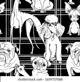 Seamless wallpaper pattern. Funny Cartoon dogs and puppies Characters on checkered background. Textile composition, hand drawn style print. Vector black and white illustration.