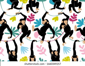 Seamless wallpaper pattern. Funny Cartoon Monkey Characters. Textile composition, hand drawn style print. Vector illustration.