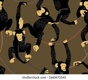 Seamless wallpaper pattern. Funny Cartoon Monkey Characters on a khaki background. Textile composition, hand drawn style print. Vector illustration.