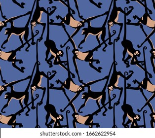 Seamless wallpaper pattern  Funny Cartoon Spider Monkey Characters and long tail blue background  Textile composition  hand drawn style print  Vector illustration 