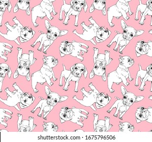 Seamless wallpaper pattern. Funny Cartoon puppies Characters. French Bulldog, Beagle, Jack Russell Terrier, Chihuahua, Pug. Textile composition, hand drawn style print. Vector illustration.