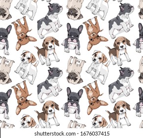 Seamless wallpaper pattern. Funny Cartoon puppies Characters. French Bulldog, Beagle, Jack Russell Terrier, Chihuahua, Pug. Textile composition, hand drawn style print. Vector illustration.