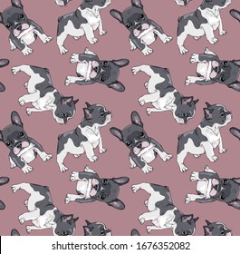 Seamless wallpaper pattern. Funny Cartoon French Bulldog puppies Characters. Textile composition, hand drawn style print. Vector illustration.