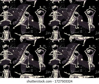 Seamless wallpaper pattern. Funny cartoon astronaut in a yoga poses in a space. Textile composition, hand drawn style print. Vector illustration.