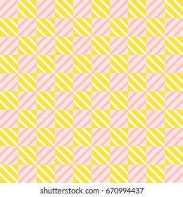 Seamless wallpaper pattern, geo, geometric background with strips and diamonds, simple modern pop art print in yellow and pink, seamless vector texture