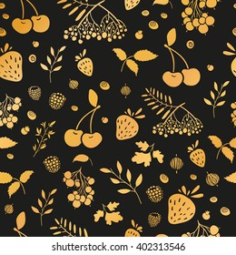 Seamless wallpaper pattern with gold berries. Seamless background with berries on a black background. Wallpapers with natural decor in an organic style. Vector.