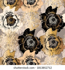 Seamless wallpaper pattern. Gold,  black and beige Peony, Protea flowers and Allium bulbs. Textile composition, hand drawn style print. Vector illustration.