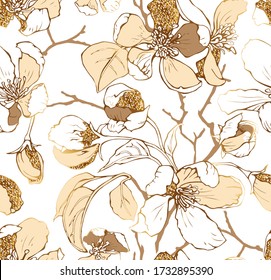 Seamless wallpaper pattern. Gold Cherry flowers, bud, leaves, branches on a white background. Textile composition, hand drawn style print. Vector illustration.