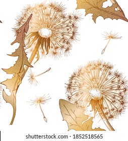 Seamless wallpaper pattern. Gold Dandelion flowers and leaves. Textile composition, hand drawn style print. Vector illustration. 